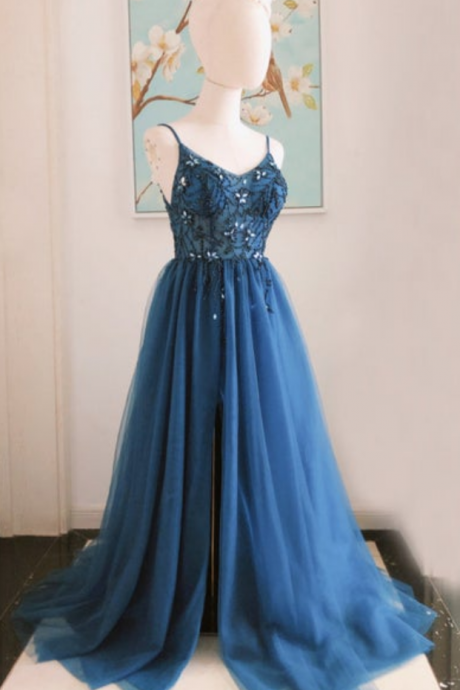Tulle Prom Dress with Slit, Tulle Long Prom Evening Gowns, Tulle Dress with Beaded Top,Tulle Bridesmaid Dress