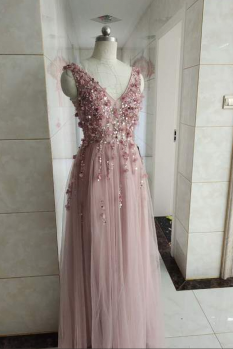 Long V-neckline Party Dress, A-line Tulle Prom Dress