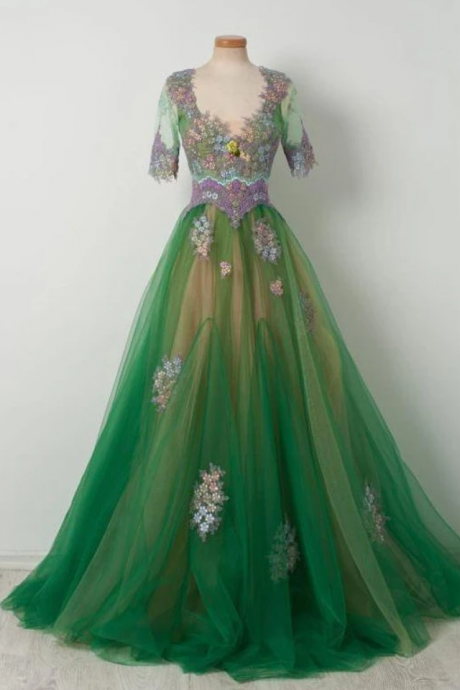 Appliques Half Sleeves Long Tulle Prom Dress