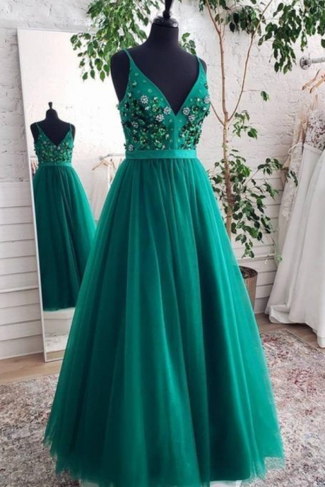 Charming V Neck Prom Dress, Tulle Evening Dress