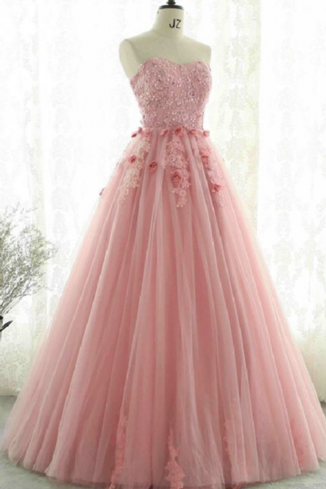 Sweetheart Neck Tulle Long, A-line Formal Prom Dress , Lace Applique Evening Dress,beading 3d Flower Party Dressdress