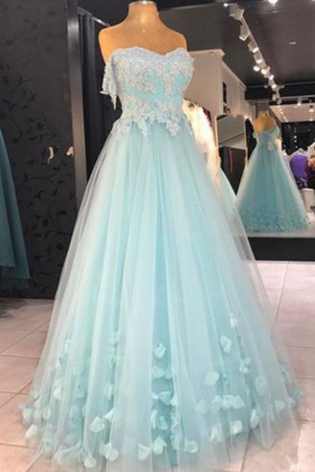 Off The Shoulder A Line Applique Tulle Long Prom Evening Party Dress