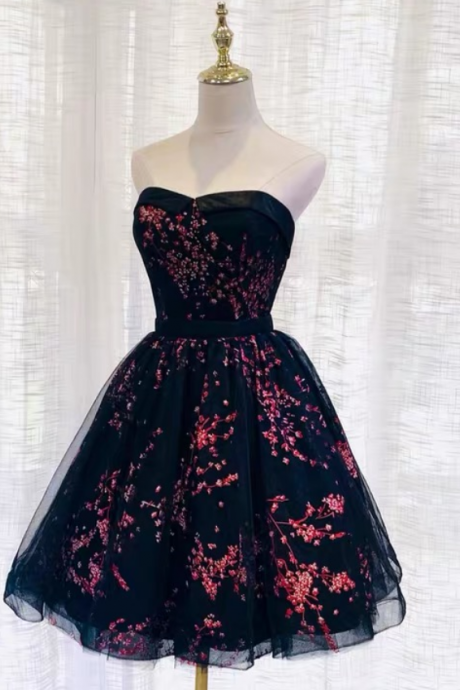 Black Strapless Printed Dress, Short Evening Dress, Birthday Party Dress,custom Made