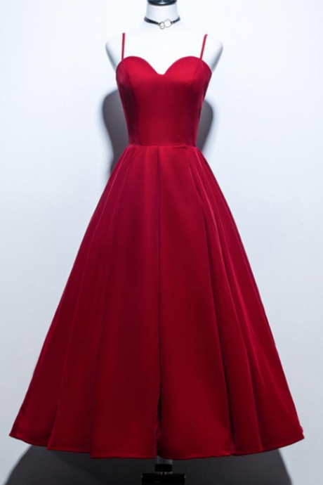 Elegant Satin Prom Dress Spaghetti Backless Tea Length Party Gown