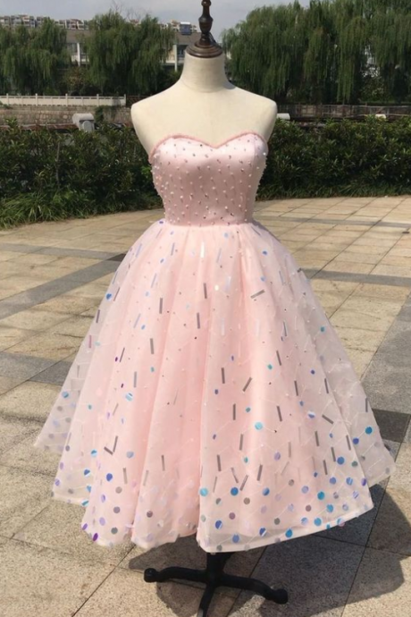 Sweetheart Baby Pink Tea Length Ball Skirt Tutu Prom Dress Sequins Handmade Beaded