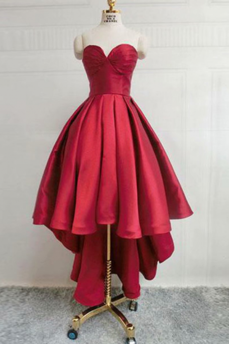 Real Photos Burgundy Satin Prom Dresses 2019 Sweetheart Neckline Lace-up High Low Prom Dress Short Evening Party Gown