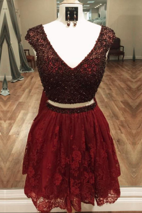 Stunning Beaded Cap Sleeves Lace Homecoming Dresses,Two Piece Homecoming Dress