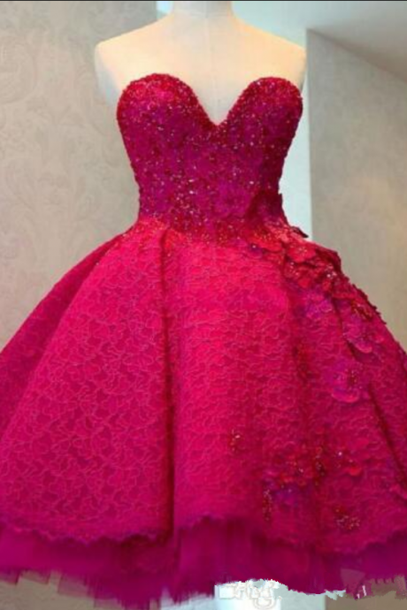 Fuchsia Lace A-line Homecoming Dresses 2019 Sweetheart Tulle Ruched Applique Beaded 3d Floral Short Prom Cocktail Party Dresses