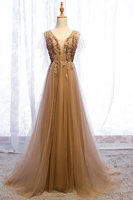 Prom Dress Brown color Decorate with embroidered flowers, Prom Dress with transparent Sleeve, Fairy Dress women