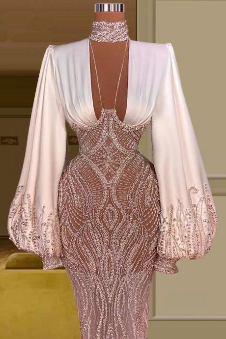 Elegant Long Lantern Sleeve Mermaid Evening Dresses Lace Beaded Handmade Prom Gowns Fashion Design Vestidos Formales