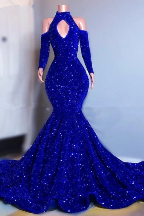 Plus Size Royal Blue Sequins Mermaid Prom Dresses Elegant Long Sleeves Evening Gowns 2021 Off Shoulder Women Formal Dress