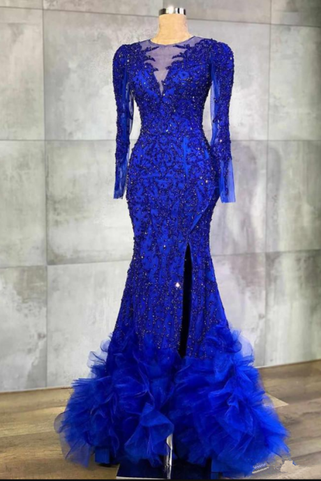 Royal Blue Long Sleeves Mermaid Prom Dress Sexy Lace Appliqued Evening Gown High Side Split Formal Party Dress