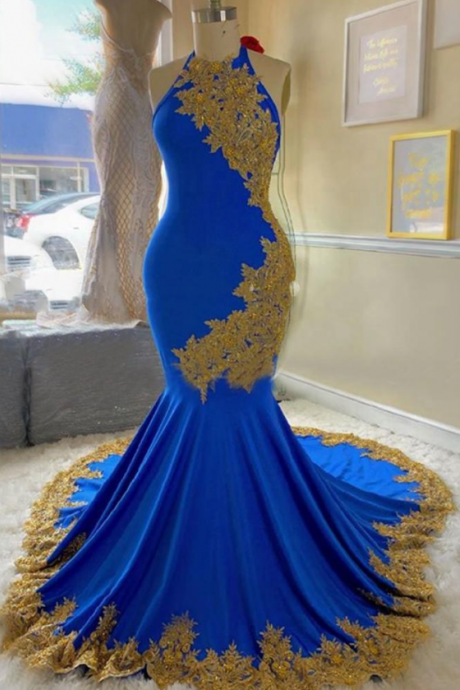 Royal Blue And Gold Applique Prom Gowns Evening Dress Long 2020 Halter Top Satin Mermaid Trumpet Dresses Evening Wear Mother Of The Bride