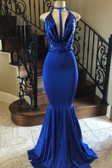 Sexy Royal Blue Mermaid Prom Dresses Vintage Arabic Sequined Evening Gown Sexy Open Back Formal Party Pageant Dress