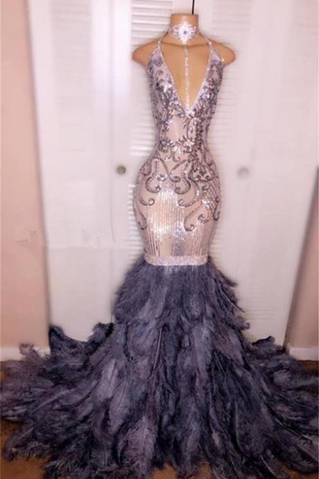 Luxury Crystal Beaded Mermaid Prom Dresses Sexy African Plus Size Evening Gown With Feathers Black Girl Formal Party Dress