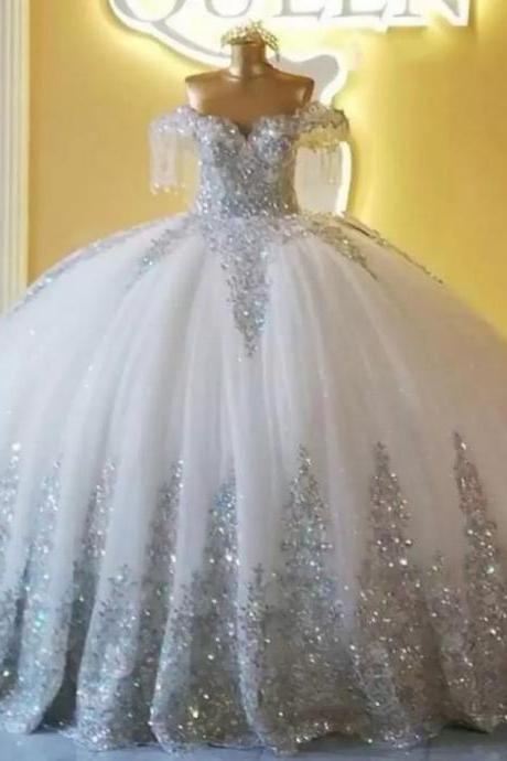 Silver Sparkly Ball Gown Wedding Dresses Off Shoulder Lace Tulle Applique Brides Gown Long Robe de Mariage
