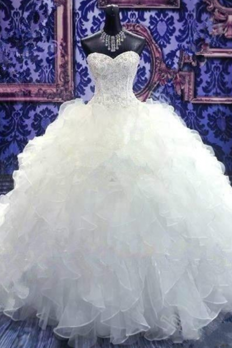 Luxury Beaded Embroidery Ball Gowns Wedding Dresses Princess Gown Corset Sweetheart Organza Ruffles Cathedral Train Bridal Dress Plus Size Custom Made