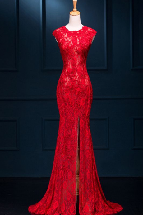 Red Prom Dresses, Lace Prom Dress, Mermaid Prom Dress, 2016 Beading Prom Dress, dresses for prom, fashion prom dress, unique prom dress