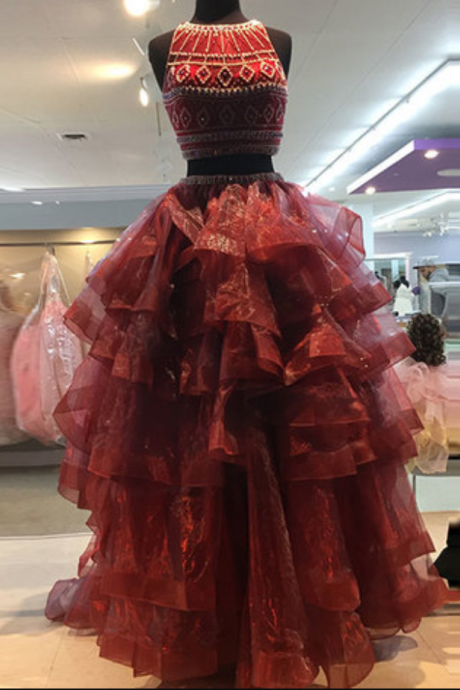 High Fashion Evening Dress, Two-piece Burgundy Prom Dress, Organza Long Prom Dress