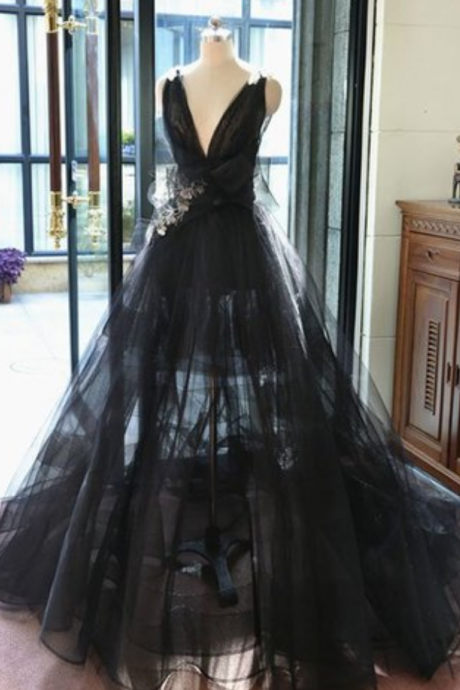 New Trendy Evening Dress, Black V-Neck Prom Dress, Tulle Long Prom Dress