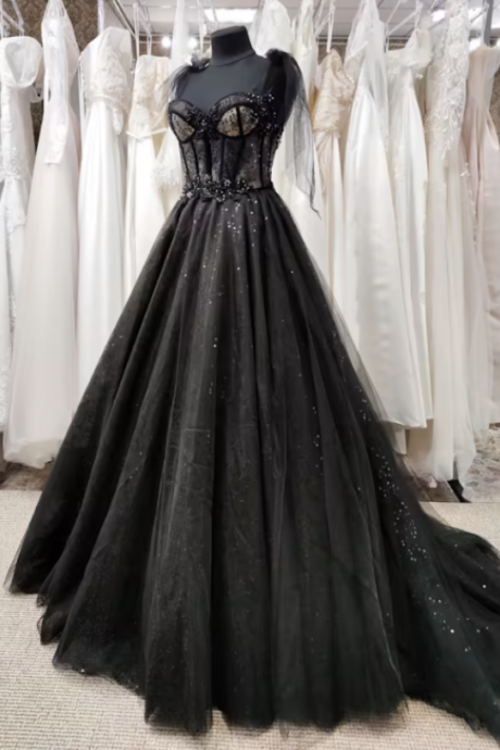Tulle Black Party Dress, Prom Evening Dress, Off Shoulder Gown, Prom Dress, A-Line Party Dress 