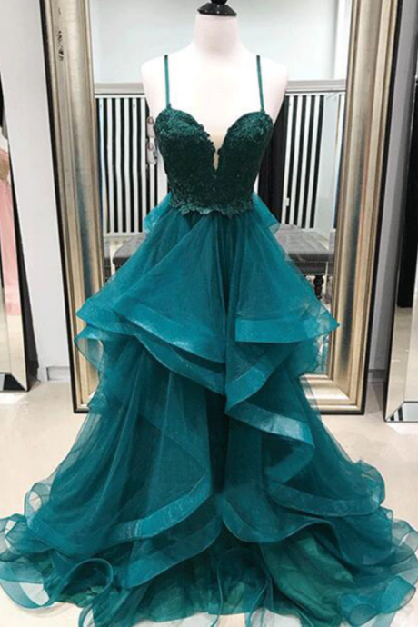 Straps Appliques Long Prom Dress, Ruffles Tulle Prom Dress, Party Dress, Sexy Evening Dress