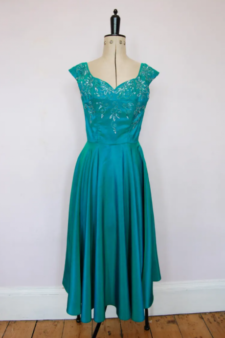 Vintage 1950s Iridescent Teal Satin Ball Gown - 50s Prom Dress - 50s Satin Dress - 50s Beaded Prom Dress - 50s Ball Gown - 50s Party Dress