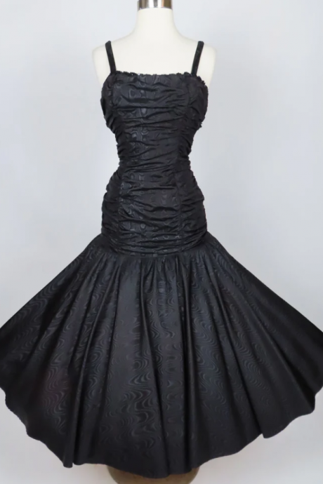 Vintage 80s 50s Black Mermaid Prom Party Dress XS Extra Small Homecoming Dance Queen Pageant Gown Dancing Full Skirt Moire Taffeta Sequins