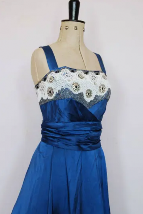 Vintage 1950s Blue Satin Ball Gown - 50s Prom Dress - 50s Satin Prom Dress - 50s Beaded Prom Dress - 50s Evening Gown - 50s Party Dress Xs