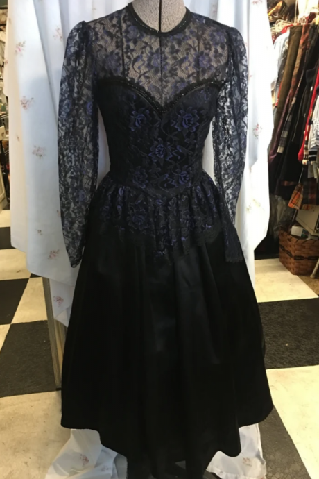 1980 Vintage Dress Black Blue Dress Lace Xxsmall Xsmall