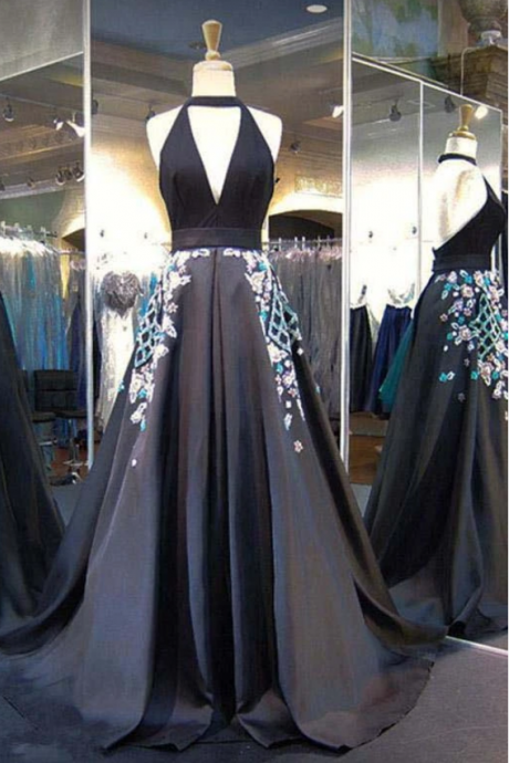 Black Halter Backless Evening Dress Deep V Neck Prom Gown With Appliques