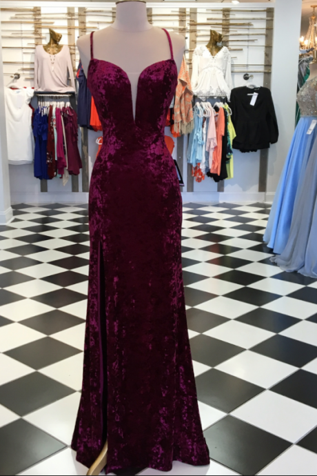 Elegant Burgundy Velvet Mermaid Long Prom Dress With Slit,prom Dresses,evening Dress, Prom Gowns, Formal Women Dress,prom Dress