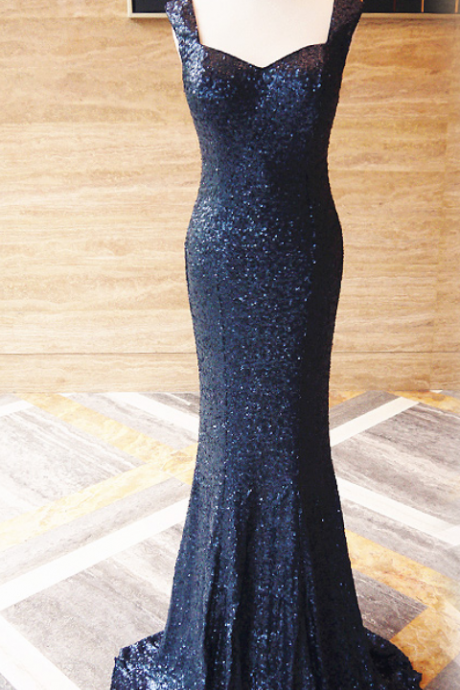 Floor Length Straps Sweetheart Navy Blue Sequins Prom Dress,Occasion Dress, Evening Party Dress
