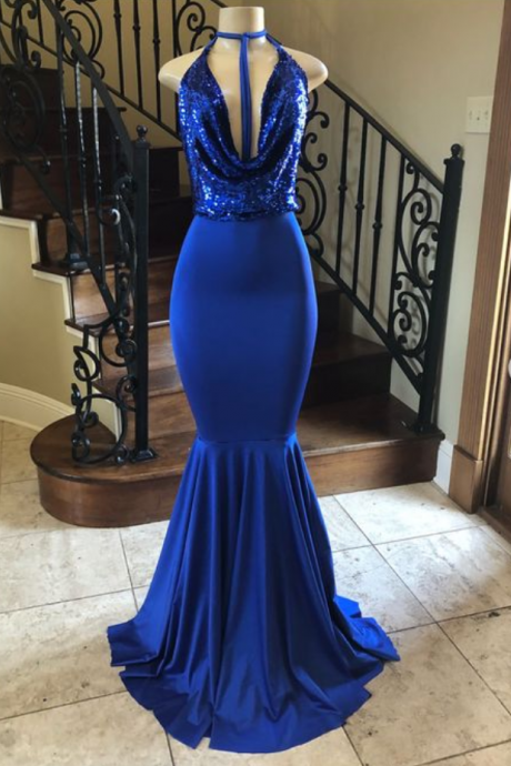 Halter Neck Mermaid Satin Prom Dress Royal Blue Long Chiffon Evening Dress