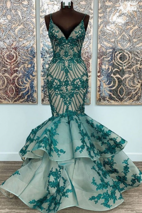 Green Lace Spaghetti Straps Long Mermaid Dress Tulle Prom Dress Evening Dress