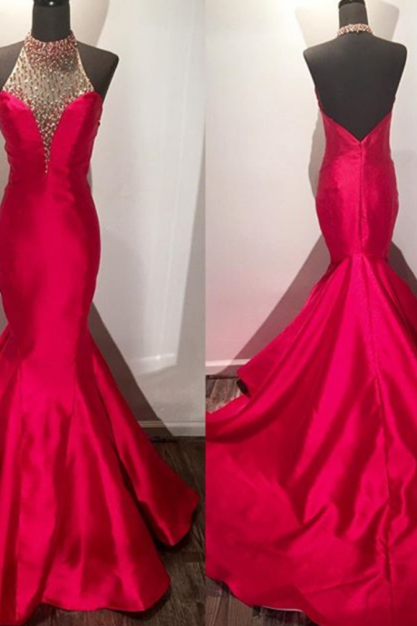 Prom Dress,modest Prom Dress,beaded Halter Long Satin Fuchsia Mermaid Evening Dress,long Prom Dresses 2018 With Open Back