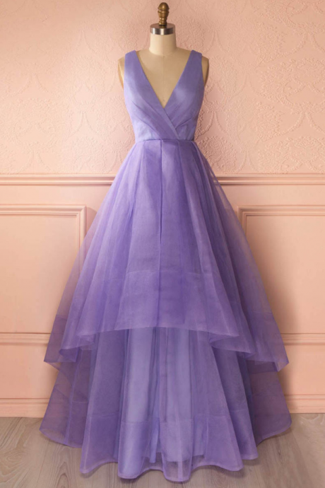 Unique Deep V Neck Floor Length Prom Dress, Lavender Organza Princess Long Prom Dress, Asymmetric Tiered Pleats Prom Dress,