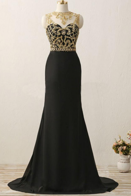 Long Black See Through Mermaid Gold Beaded Evening Prom Dress, Popular Sexy Party Prom Dresses, Custom Long Prom Dresses, Formal Prom Dresses