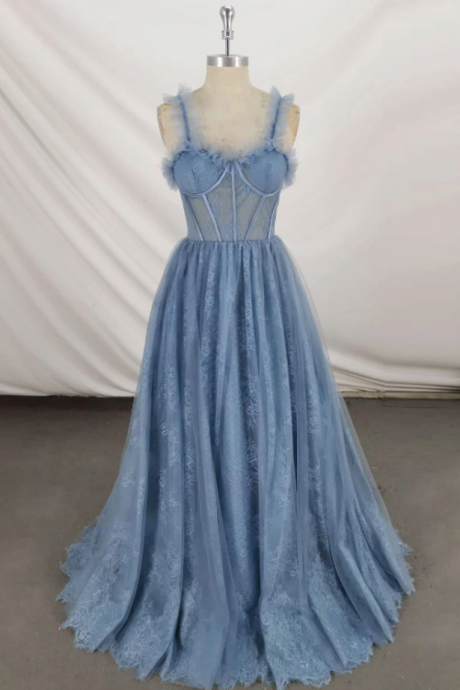 Gray Sweetheart Neck Tulle Lace Long Prom Dress Blue Formal Dress