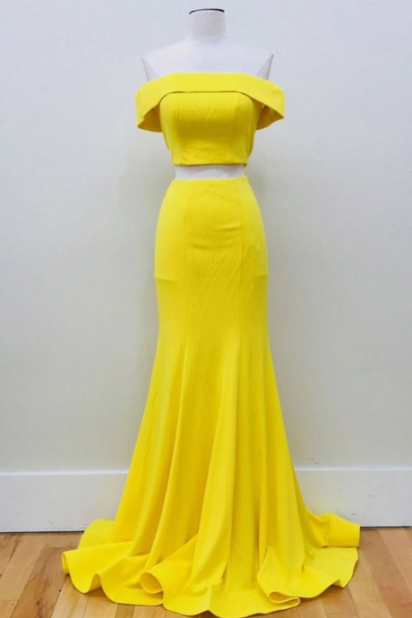 Yellow satin off shoulder two piece long simple mermaid prom dress