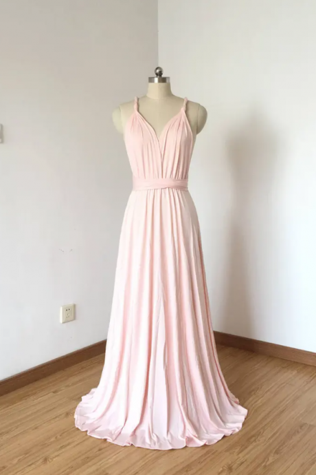 Spaghetti Straps Blush Pink Spandex Long Convertible Bridesmaid Dress