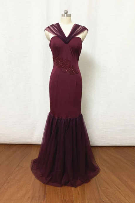 Convertible Tulle Sleeves Bridesmaid Dress 2021 Grape Purple Jersey Tulle Maxi Dress With Lace Appliques