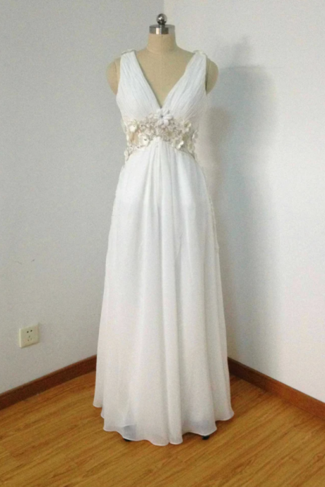 Sheer Tulle Back V-neck Ivory Chiffon Long Prom Dress With Applique
