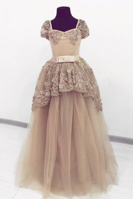 Champagne Tulle Lace Sweetheart Puffy Sleeve Prom Gown, Senior Prom Dress