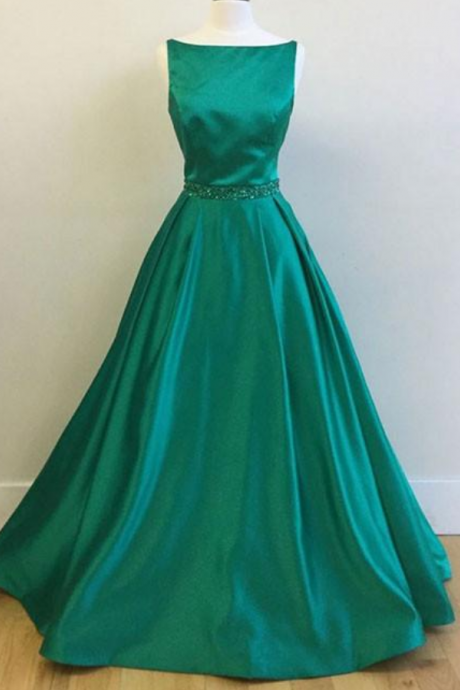 Beautiful A-line Bateau Green Satin Long Prom/evening Dress With Beading