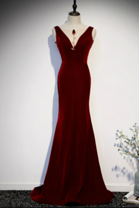 Burgundy Mermaid Velvet See Through V-neck Prom Dress