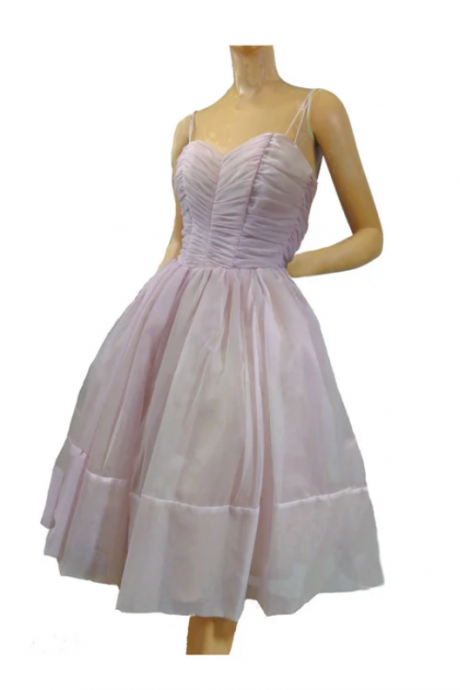 Vintage 50s Prom Dress Ball Gown Orchid Pink Sheer Chiffon Full Skirt Sweetheart Neckline Spaghetti Straps Ruching Size Small