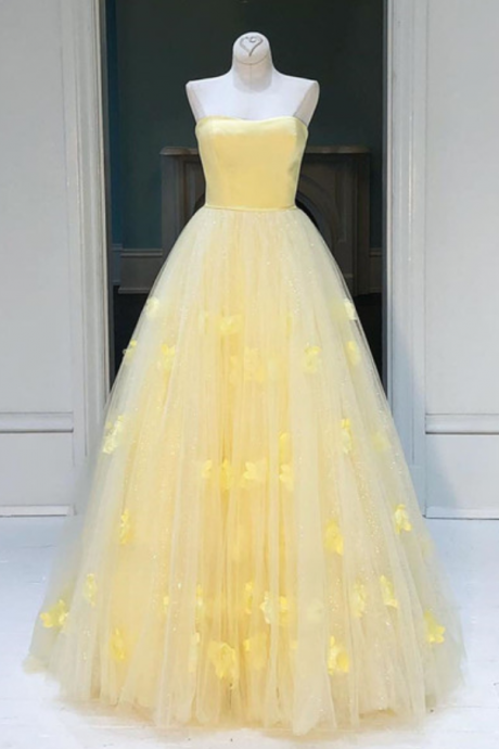 Yellow tulle princess strapless A-line long prom dress, party dress