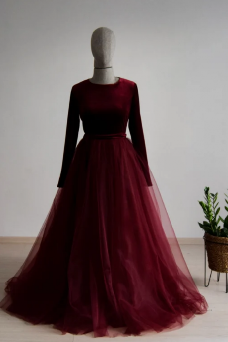 Prom Dresses Burgundy Lux Velvet Long Sleeve Bridesmaid Dress, Floor Length Deep Wedding Dress