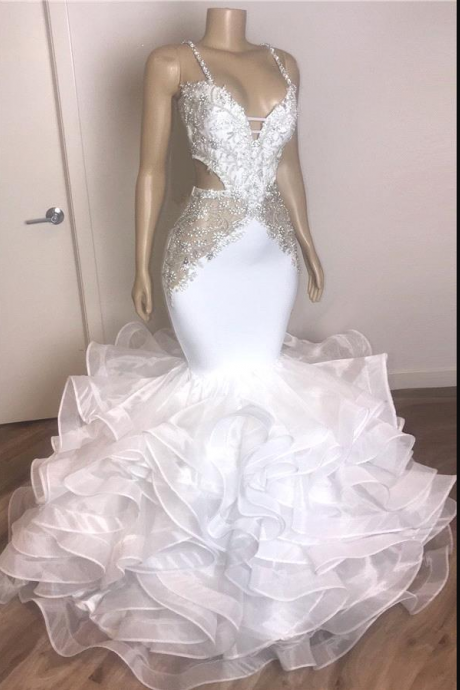 White Spaghetti Straps Organza Mermaid Prom Dresses 2020 Lace Appliques Layered Ruffles Floor Length Celebrity Evening Gowns